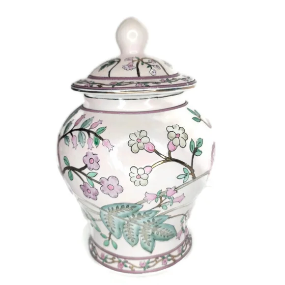 Floral porcelain ginger jar cookie jar vase decor with lid. 10 tall with lid.